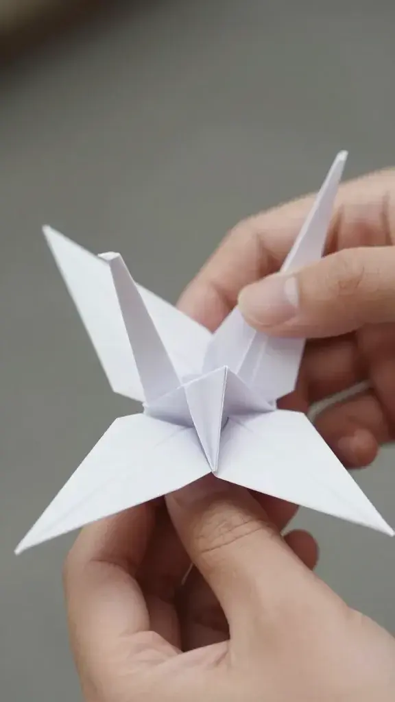 Closeup of hands folding white origami paper crane