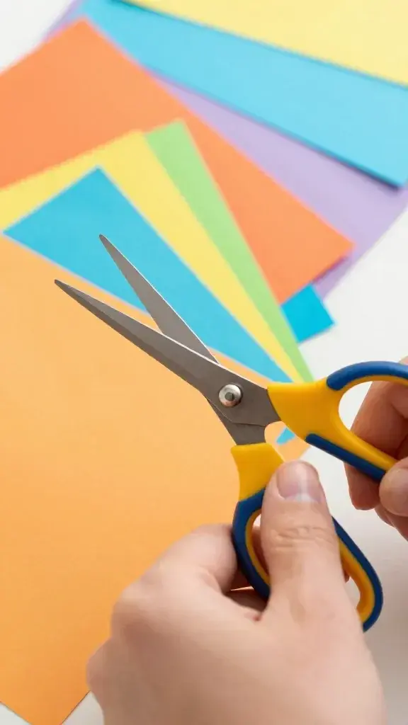 Closeup of hands cutting colorful cardstock with scissors