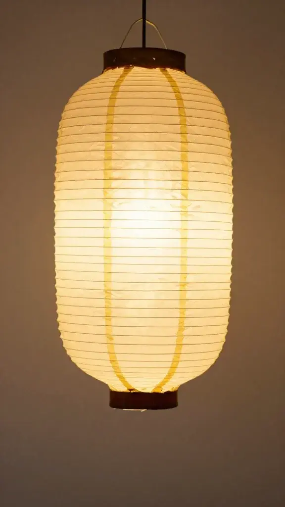 Single illuminated paper lantern hanging with ribbon