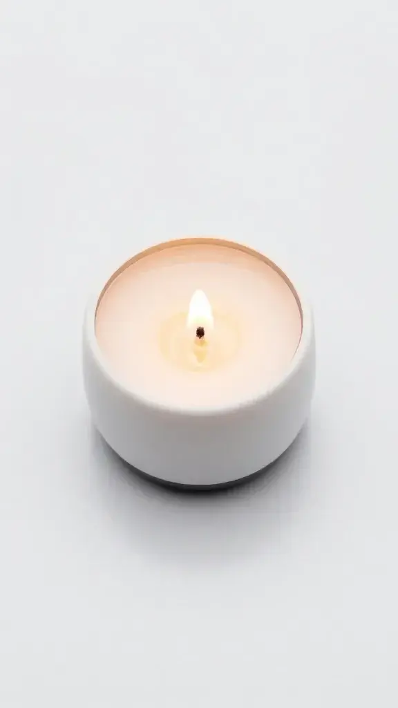 Battery-operated tea light on white surface, overhead view