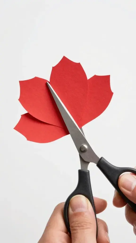 Hands holding scissors cutting red cardstock petal shape