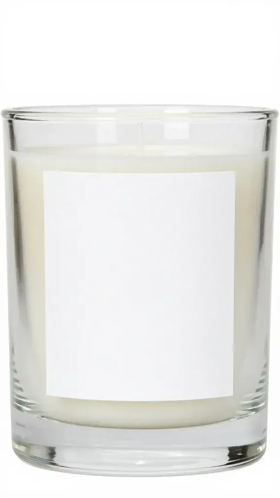 Closeup of single glass candle jar with elegant label