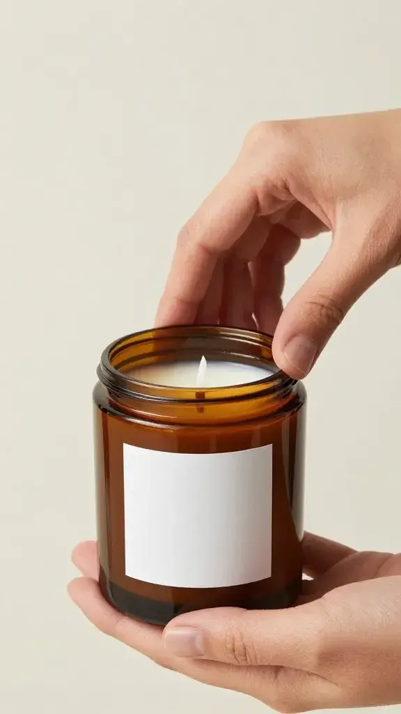 Hands applying white label to amber glass candle