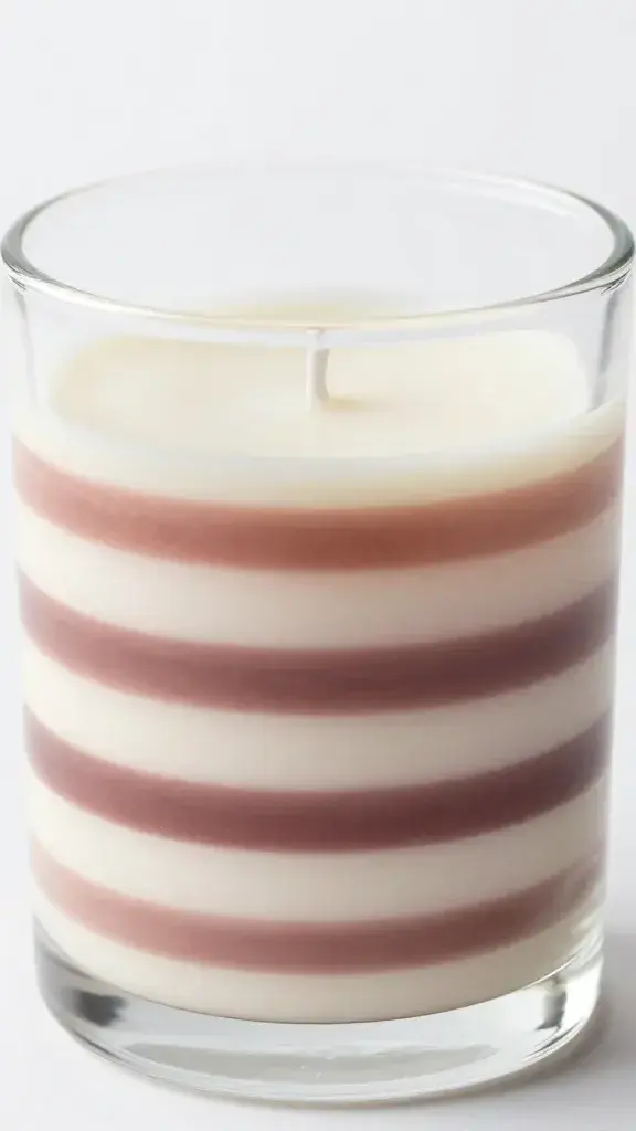 Closeup of striped layered candle in clear glass jar