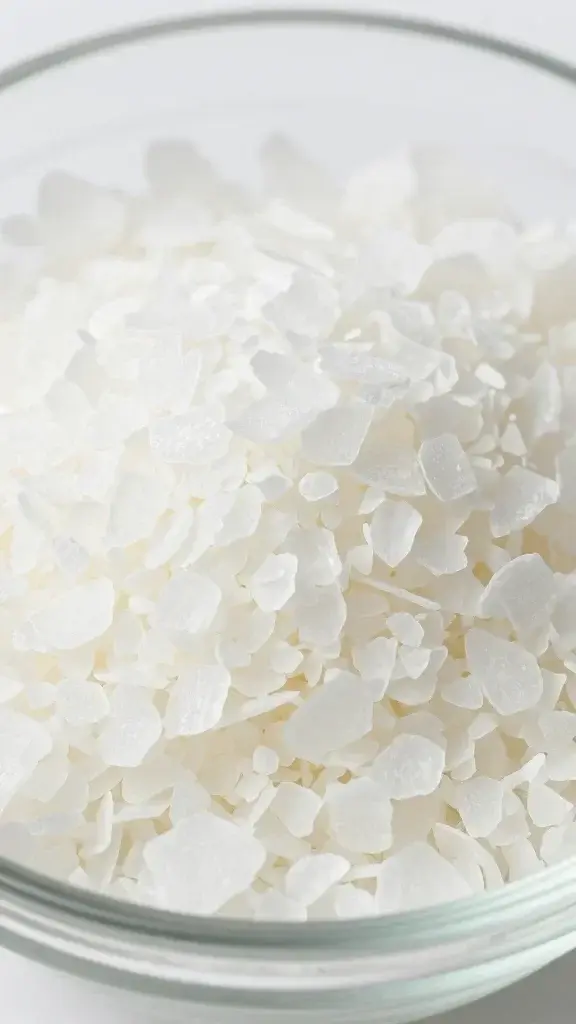 Closeup of white soy wax flakes in glass bowl