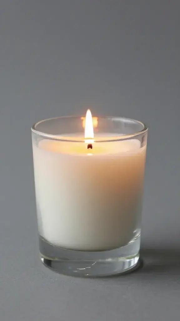 Single lit soy candle in clear glass jar