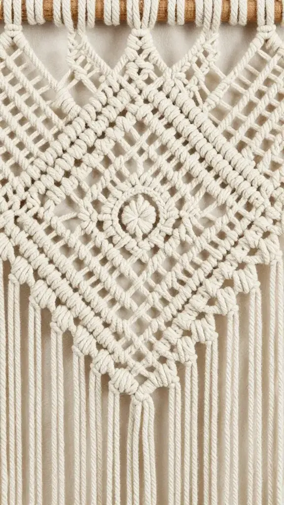 Closeup of macrame wall hanging with geometric diamond pattern