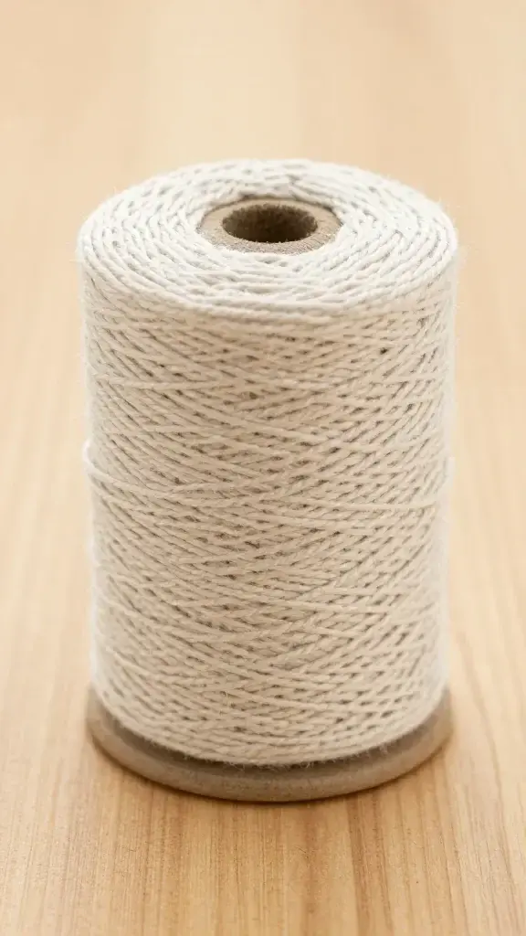 Natural cotton macrame cord spool on wooden surface