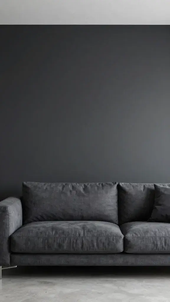 Modern living room with dark moody accent wall behind sofa