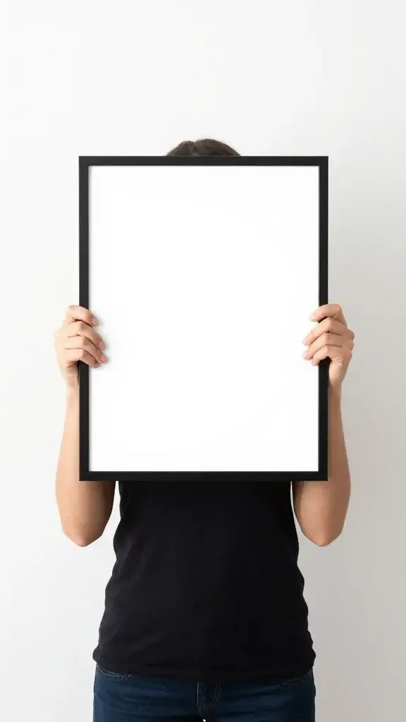 Woman holding picture frame against blank white wall