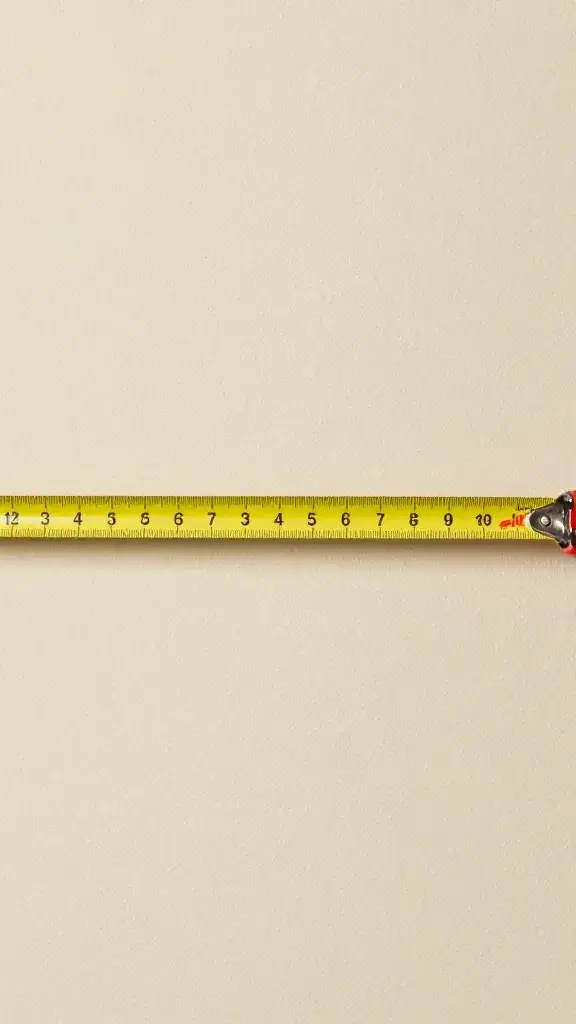 Tape measure extended across empty beige wall closeup