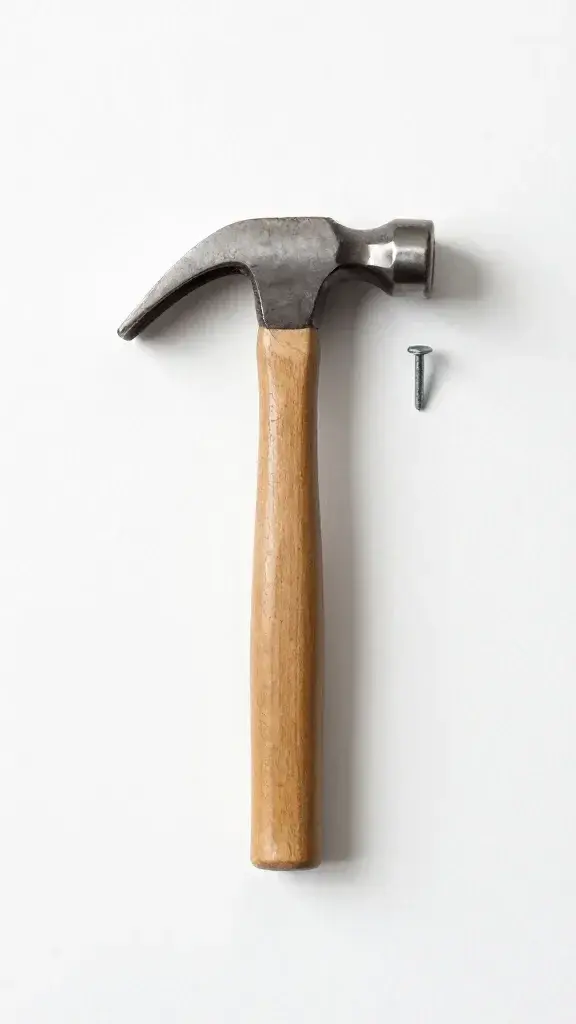 Hammer and single nail on white wall surface