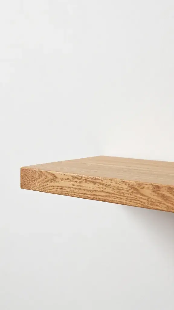 Closeup of wooden floating shelf mounted on white wall