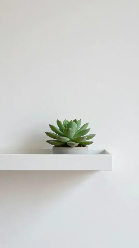 Single minimalist floating shelf holding succulent plant