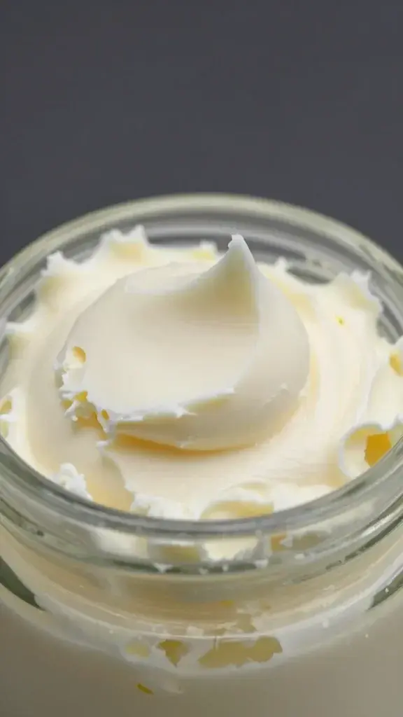 Closeup of fluffy whipped shea butter in glass jar