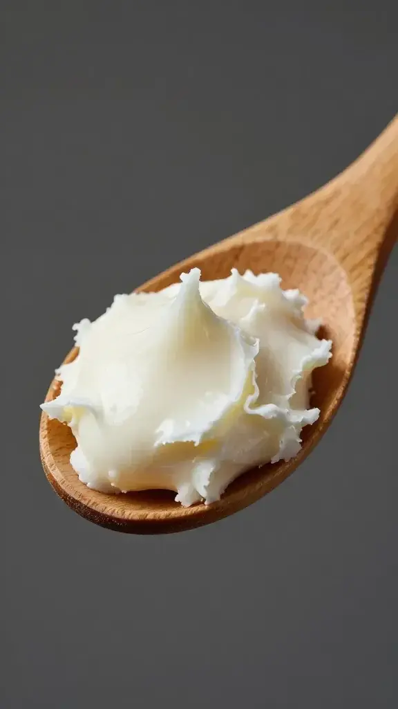 Single wooden spoon scooping creamy white shea butter