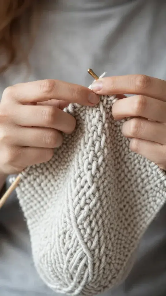 Closeup of hands arm knitting with chunky merino wool yarn