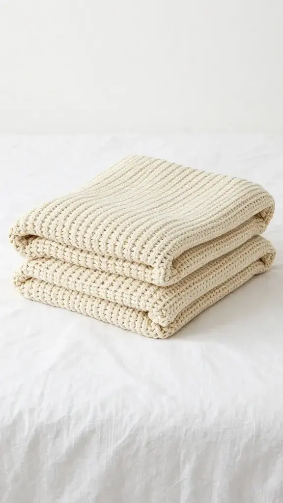 Folded chunky knit blanket in cream on white linen bed