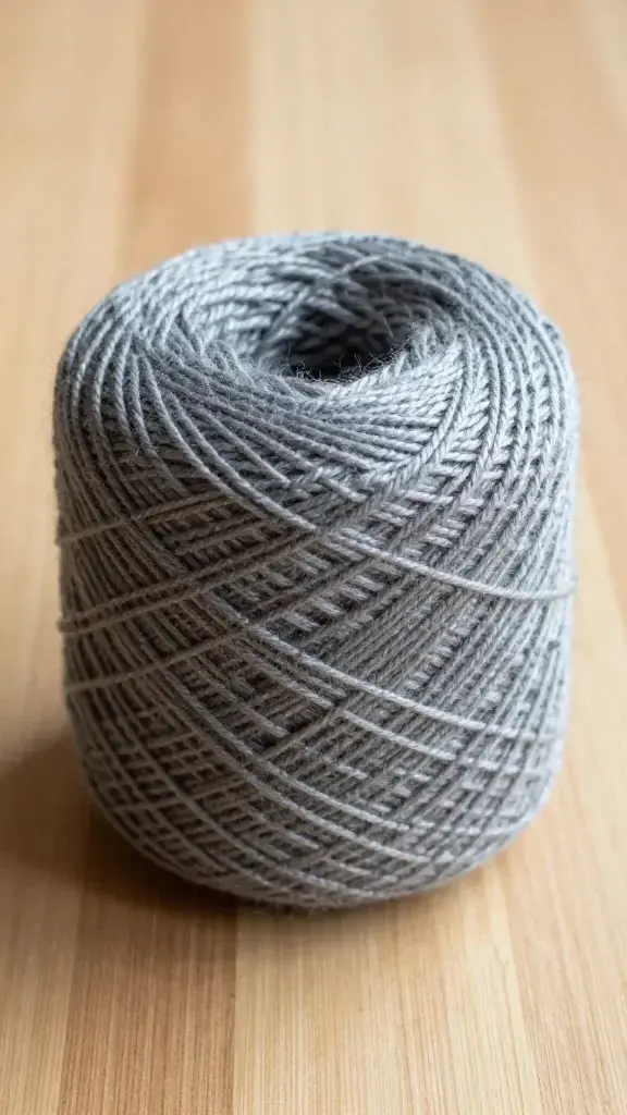 Single ball of oversized gray yarn on wooden surface
