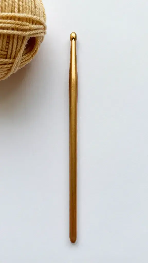 Single crochet hook with yarn on written pattern paper