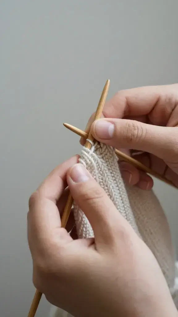 Closeup of hands casting on light yarn with wooden needles