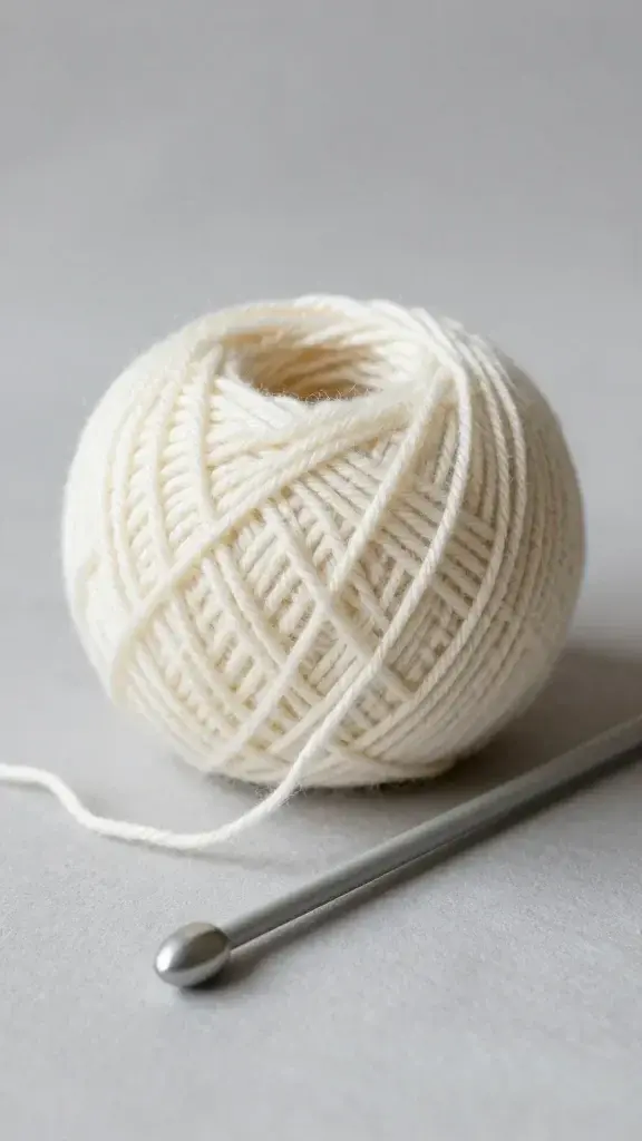 Single ball of cream worsted weight yarn with knitting needles
