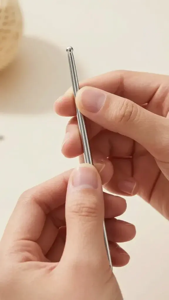 Closeup of beginner's hands holding H/8 crochet hook