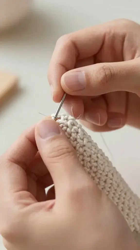 Closeup of hands practicing basic chain stitch crochet