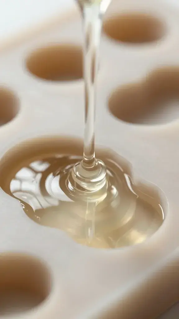 Closeup of clear epoxy resin being poured into silicone mold