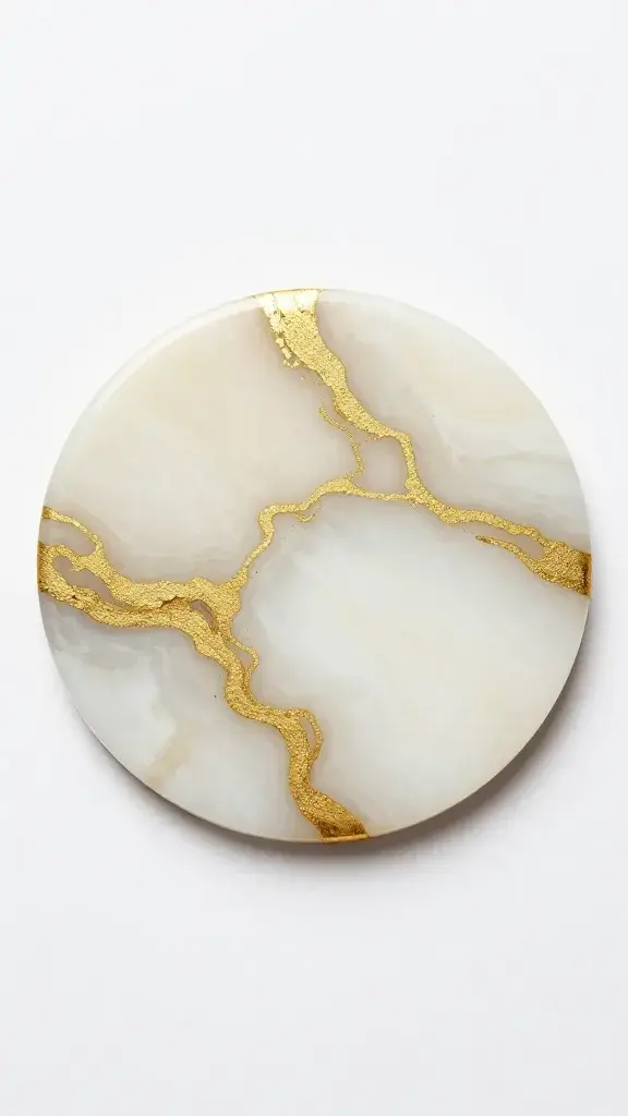 Single glossy resin coaster with gold swirls on marble