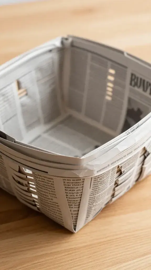 Closeup of rolled newspaper craft basket on wood table