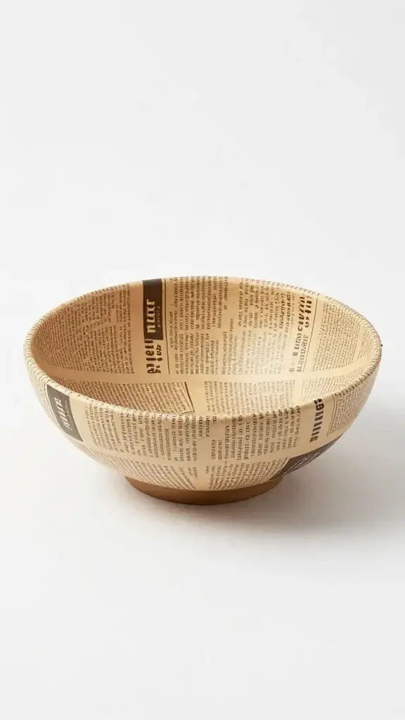 Single woven newspaper bowl with newsprint texture visible