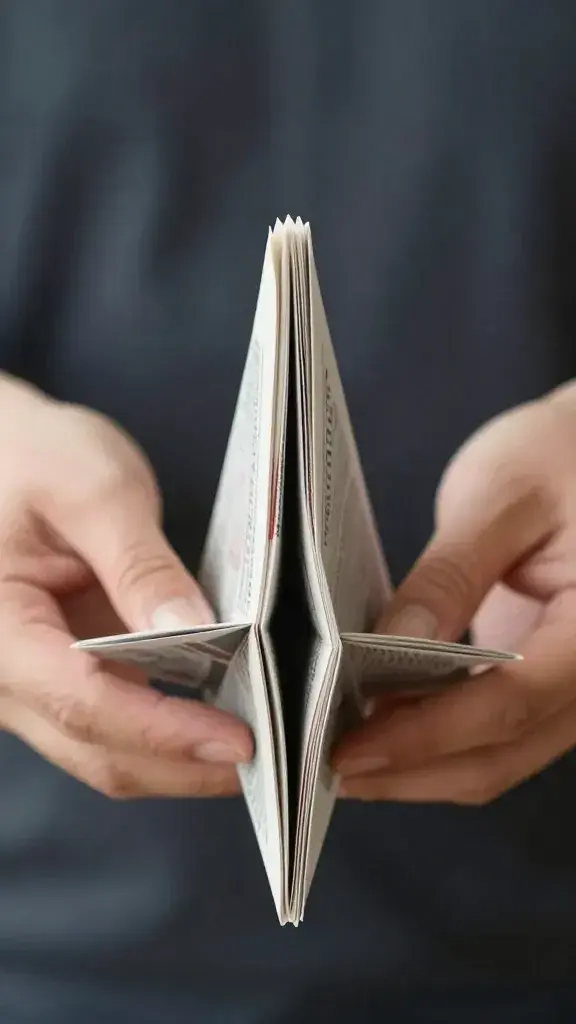 Hands folding newspaper into decorative origami shape closeup