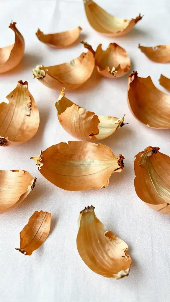 Closeup of dried onion skins on white fabric