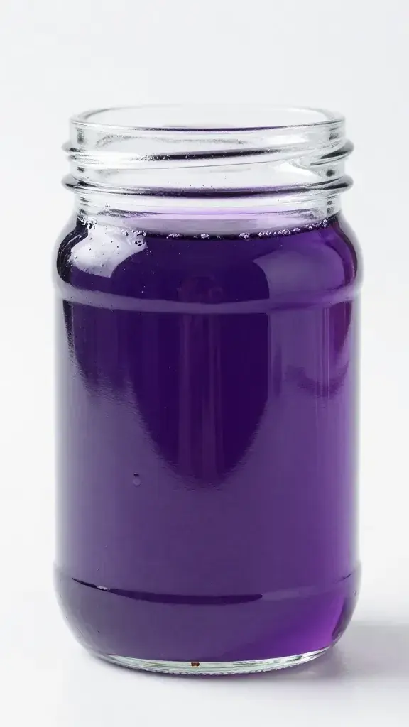 Single glass jar filled with purple natural dye