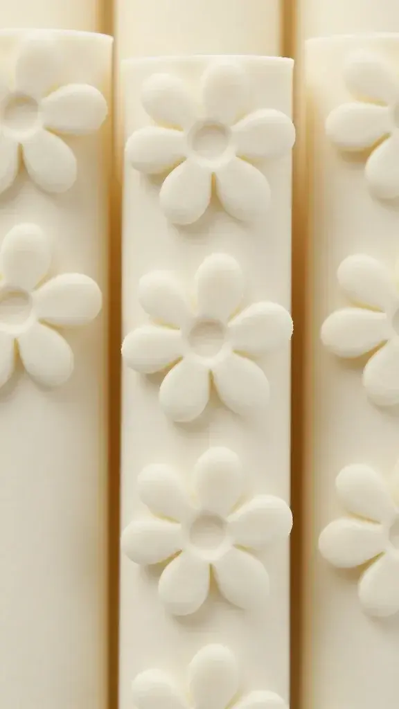 Closeup of sliced polymer clay cane showing flower pattern