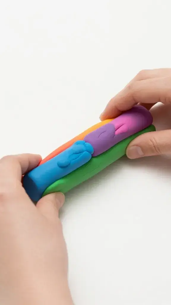 Hands rolling colorful polymer clay log on workspace