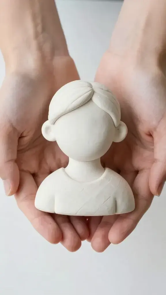 Hands holding unbaked polymer clay sculpture piece