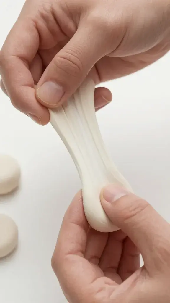 Soft conditioned polymer clay being stretched between hands