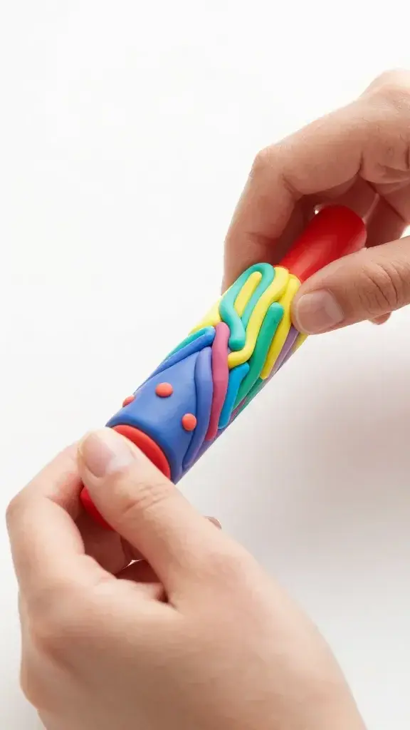 Closeup of hands rolling colorful polymer clay with acrylic roller