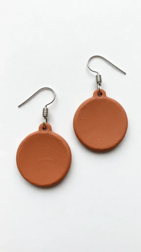 Pair of handmade terracotta polymer clay earrings on white surface