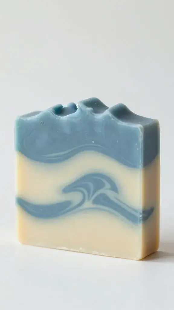 Single artisan soap with blue and cream color swirls