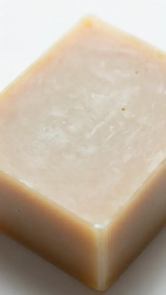 Closeup of handmade goat milk soap bar curing