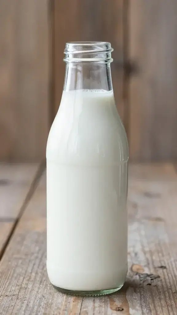 Fresh goat milk in glass bottle on rustic wood