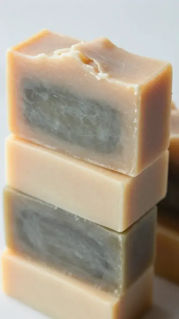 Closeup of handmade cold process soap bars stacked together
