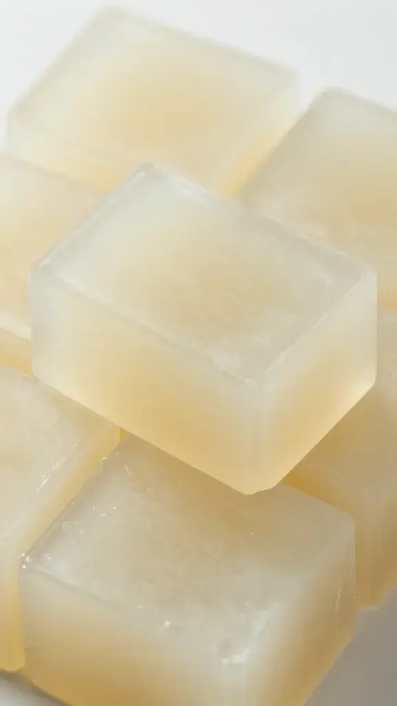 Closeup of clear glycerin soap base being cut into cubes