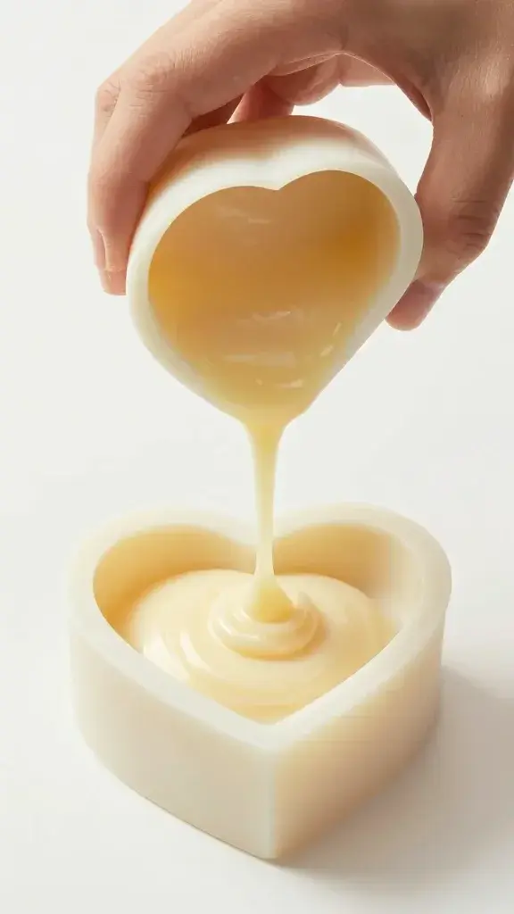 Hands pouring melted soap base into heart-shaped mold