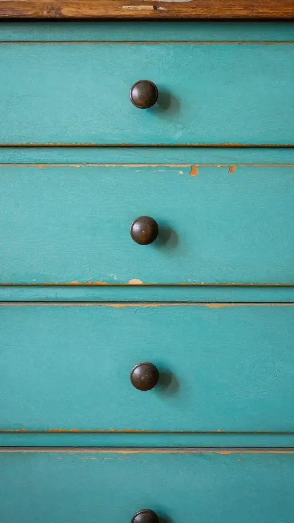 Closeup of vintage wooden dresser with turquoise paint peeling