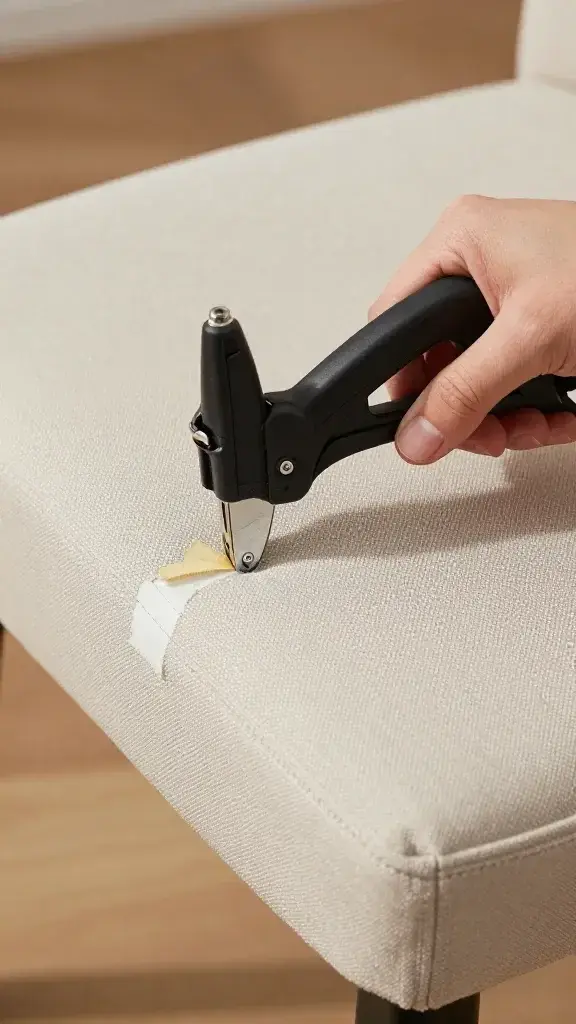 Closeup of staple gun removing old fabric from chair