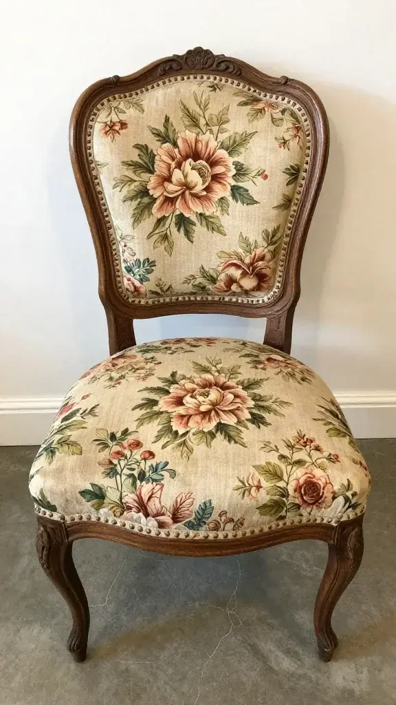 Vintage floral upholstered thrift store chair before restoration